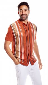 Stacy Adams Rust / Camel / White Button Up Knitted Short Sleeve Shirt 3112