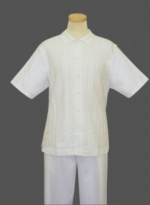 Silversilk White With White Woven Stripe Design Button Up 2 Piece Short Sleeve Knitted Outfit 9346