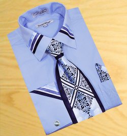 Daniel Ellissa Light Blue With Navy / Sky Blue / White Trimming Shirt / Tie / Hanky Set DS3745P2