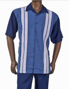 Inserch Navy / Slate Blue / White Sectional Design Button Up Short Sleeve Outfit 80156