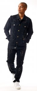 Stacy Adams Black Paint Splatter Modern Fit Cotton Denim Jacket Outfit 1588