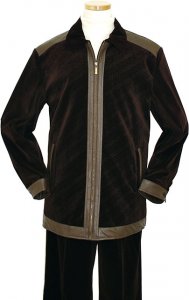 Pronti Chocolate Brown Velour Corduroy Casual 2 Pc Suit With Leather Trimming / Self Italian Design BP5928P