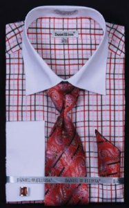 Daniel Ellissa Red Small Checker Shirt / Tie / Hanky Set With Free Cufflinks DS3765P2
