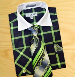 Fratello Black / Apple Green Windowpanes Shirt / Tie / Hanky Set With Free Cufflinks FRV4123P2