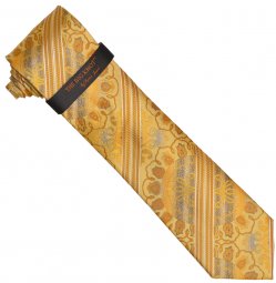 Steven Land "Big Knot" BW1706 Yellow Gold / Blue Striped Floral Design Silk Necktie / Hanky Set