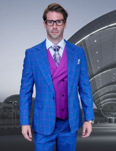 Statement "Oxford" Blue / Fuchsia Super 180's Cashmere Wool Vested Modern Fit Suit