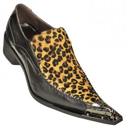 Fiesso Black / Gold Leopard Hair Genuine Leather Loafer Shoes With Metal Tip FI6650