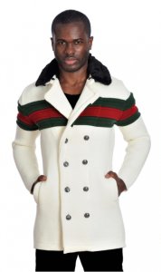LCR Cream / Green / Red Double Breasted Modern Fit Wool Blend 3/4 Sweater Jacket 6645