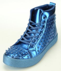 Encore By Fiesso Metallic Blue PU Leather High Top Sneakers With Silver Spikes FI2275.