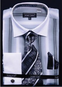 Avanti Uomo Black / White Pinstripes Design Shirt / Tie / Hanky Set With Free Cufflinks DN59M.
