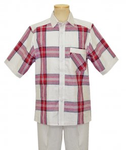 Prestige White / Red / Grey Windowpane Design 100% Linen 2 PC Short Sleeve Outfit CPT-620