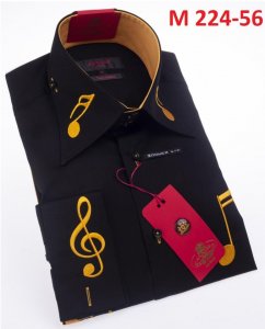 Axxess Black / Gold Music Note Embroidered Cotton Modern Fit Dress Shirt With French Cuff M224-56.