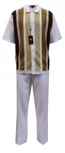 Silversilk White / Brown / Beige Woven Design Button Up Short Sleeve Knitted Outfit 2332