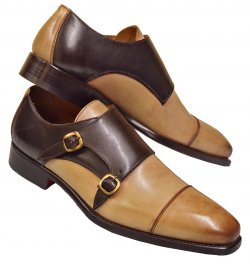 Emilio Franco "202" Chocolate Brown / Beige Genuine Leather Double Monk Strap Cap Toe Shoes
