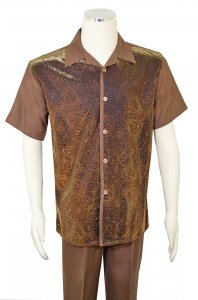 Pronti Brown / Metallic Gold Lurex Paisley Embroidered Short Sleeve Outfit SP6394