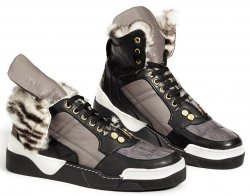 Mauri "Corso" M758 Black / White / Grey Genuine Baby Crocodile / Nappa High Top Sneakers With Genuine Rabbit Fur Lining