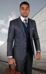 Statement "Porto" Dark Grey / Blue Windowpane Super 150's Wool Vested Modern Fit Suit