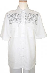 Prestige 100% Linen White With Silver Lurex/Black Embroidered Design & Rhinestones Outfit EMB1001