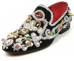 Fiesso Black / Silver Genuine Suede Embroidered Rhinestones Ornamented Slip On Shoes FI7411.
