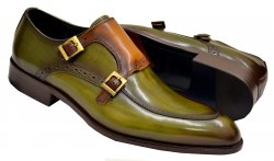 Carrucci Light Olive / Cognac Burnished Calfskin Double Monk Strap Shoes KS479-05