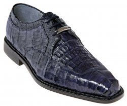 Belvedere "Susa" Navy All-Over Genuine Hornback Crocodile Shoes With Quill Ostrich Trim P32.