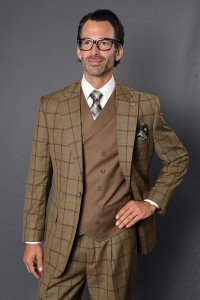 Statement "Amalfi" Bronze / Taupe / Wine Windowpane Super 150's Wool Vested Wide Leg Suit