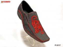 Fiesso Black With Red Embroidered Tiger Design Denim Leather Loafer Shoes FI8117