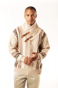 Silversilk Beige / White Faux Fur Shawl Collared Zip-Up Sweater 4204
