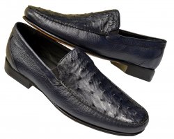 Lombardy Navy Blue Genuine Ostrich Quill / Pebbled Lambskin Moc Toe Loafers A04
