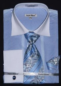 Daniel Ellissa Light Blue Two Tone Stripes Design Shirt / Tie / Hanky Set With Free Cufflinks DS3770P2