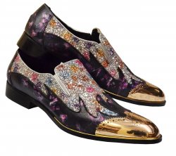 Fiesso Black Genuine Leather / Multicolor Sequins Slip On Shoes With Gold Metal Wingtip FI6976