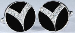 Fratello Silver Plated Round Cufflinks Set With Black Enamel And Rhinestone 41001