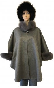 Winter Fur Ladies Grey Genuine Fox Trimming Wool Cape WW01.
