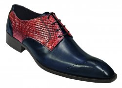 Duca Di Matiste 1117 Hand Painted Navy Blue / Burgundy Genuine Italian Calfskin / Python Design Perforated Lace-Up Shoes