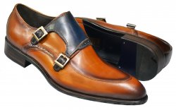 Carrucci Cognac / Navy Genuine Burnished Calfskin Double Monk Strap Shoes KS479-05.