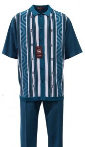 Silversilk Teal Combo / White Striped Design Button Up Short Sleeve Knitted Outfit 2396