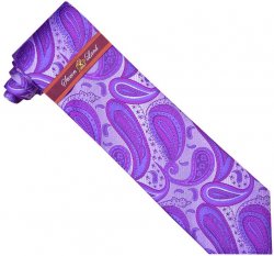Steven Land Collection SL094 Fuschia / Violet / Lavender / White Paisley Design 100% Woven Silk Necktie / Hanky Set