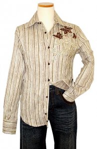 Apricottree Taupe Woven Paisley Design Long Sleeves Cotton Shirt W/ Brown/Tan Woven Pinstripes And Brown Embroidered Design With Leather Patch AT1465