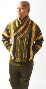 Silversilk Olive / Gold / Black Buckled Shawl Collar Zip-Up Sweater 60128