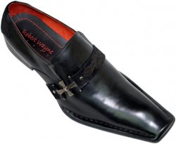 Robert Wayne "Earth" Black Leather Loafers With Suede Strap And Silver Cross