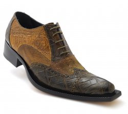 Mauri "Foggia" 44213 Money Green / Olive Genuine Hand-Painted Alligator / Ostrich Leg Oxford Wingtip Shoes