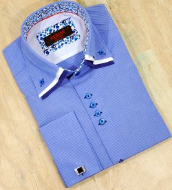 Axxess Ocean Blue / White Pinstripes With Triple Layered Collar 100% Cotton Dress Shirt