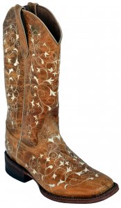Ferrini Ladies 82193-19 Antique Saddle Genuine Cowhide Leather S-Toe Cowboy Boots.