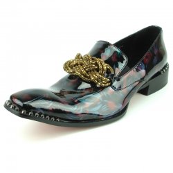 Fiesso Black Genuine Patent Leather With Gold Chain Slip-On Loafer FI7288.
