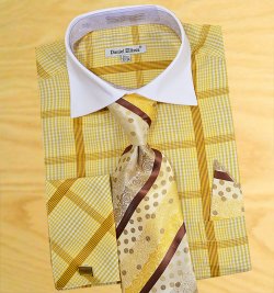 Daniel Ellissa Olive Checker Pattern Two Tone Shirt / Tie / Hanky Set With Free Cufflinks DS3766P2
