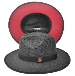 Bruno Capelo Black / Burnt Red Bottom Flat Brim Straw Fedora Hat KI-510