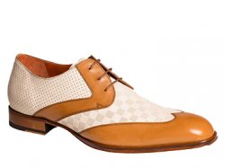 Mezlan "Levi" 5832 Camel / Bone Genuine Perforated Calfskin Multi-Texture Wingtip Oxford Shoes