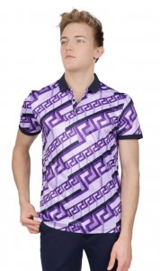 Barabas Navy / Purple / Lilac Satin Greek Design Short Sleeve Polo Shirt PSP2030