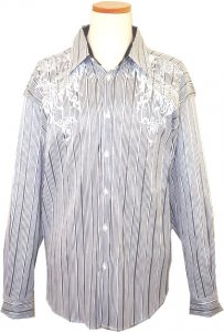Pronti White With Grey/Black Stripes & Cream Embroiderey Cotton Blend Long Sleeves Shirt S5747