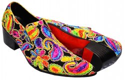 Fiesso Black Canvas / Rainbow Multi Color Woven Paisley Slip-On Shoes With Cuban Heel FI7071
